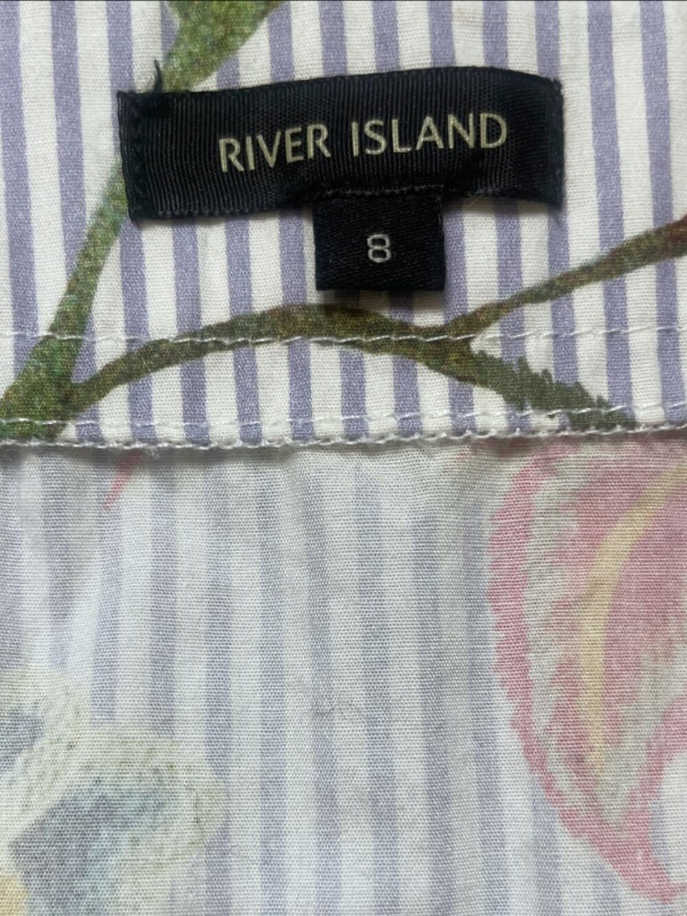 River Island Floral Bird Striped Midi Skirt Button-Front Tie-Waist Cotton Sz 4 - Picture 6 of 6